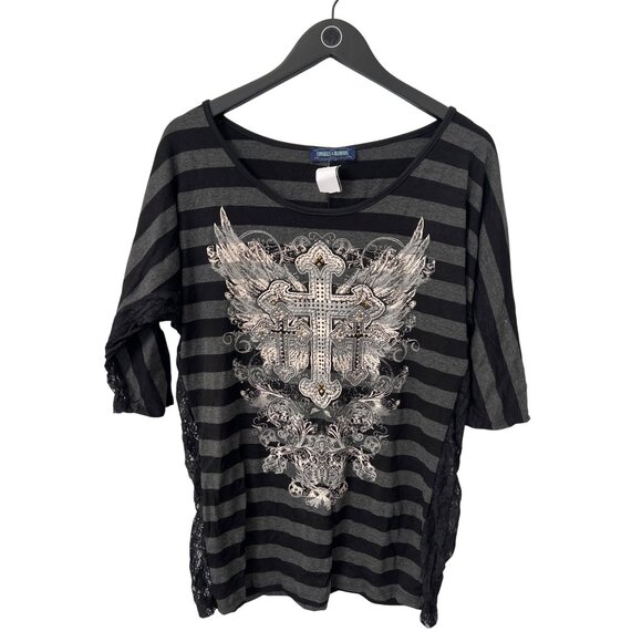 Cowgirls & Diamonds Tops - Cowgirls and Diamonds Embellished Cross Striped Top Women XL Lace Black Gray NEW
